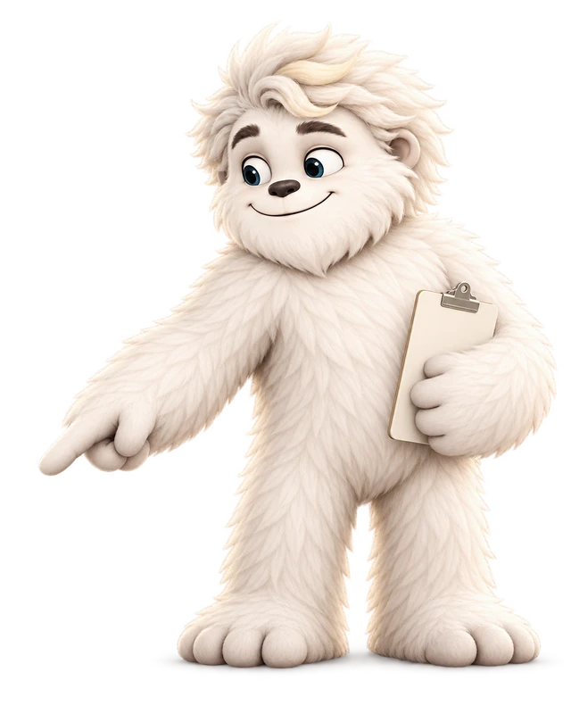 Mitey, a friendly white yeti, pointing at a comparison while holding a clipboard
