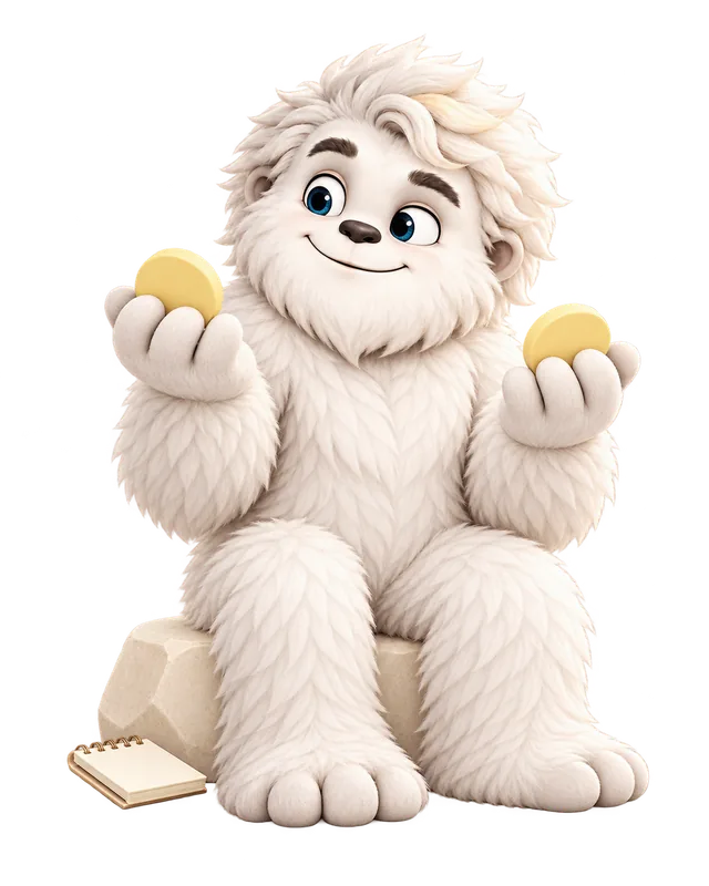 Mitey, a friendly white yeti, weighing two coins in his hands: buying on one side and renting on the other